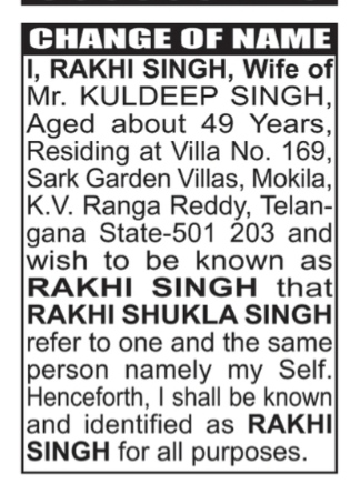 CHANGE OF NAME NOTICE - RAKHI SHUKLA SINGH