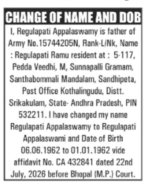 CHANGE OF NAME NOTICE - REGULAPATI APPALASWAMI
