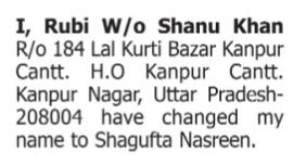 CHANGE OF NAME NOTICE -SHAGUFTA NASREEN
