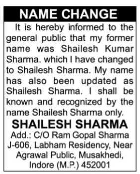 CHANGE OF NAME NOTICE - shailesh sharma