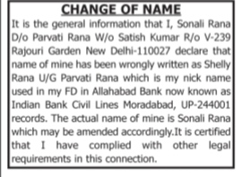 CHANGE OF NAME NOTICE - SONALI RANA