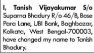 Change of Name notice - Tanish vijaya kumar