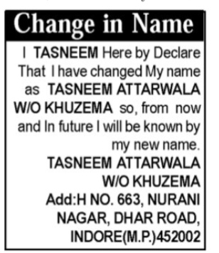 CHANGE OF NAME NOTICE - TASNEEM ATTARWALA