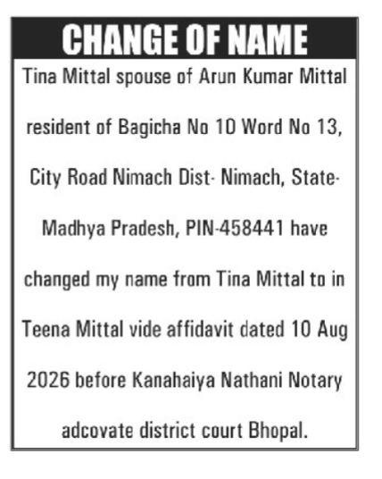 CHANGE OF NAME NOTICE -TINA MITTAL