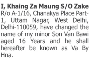 CHANGE OF NAME NOTICE - VAN BAWI