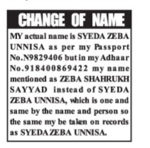 CHANGE OF NAME NOTICE- zeba unnisa