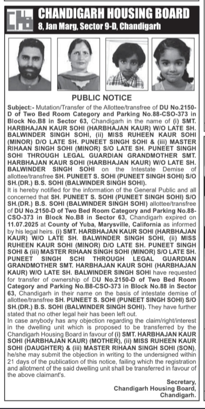 CHB Public Notice: Mutation/Transfer of DU No. 2150-D, Sector 63