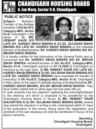 CHB Public Notice: Transfer of Ownership for MIG Dwelling Unit 872