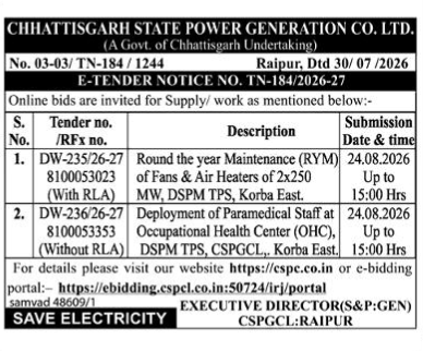 Chhattisgarh State Power Generation Co. Ltd. E-Tender Notice No. TN-184/2026-27