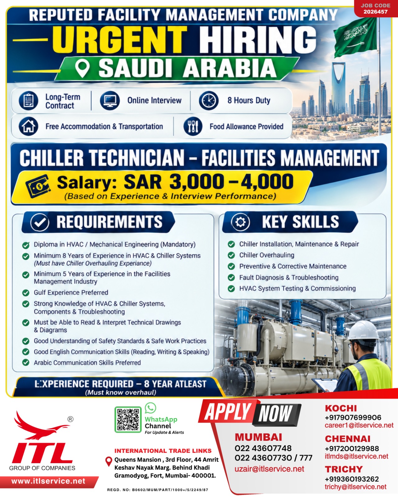 Chiller Technician Vacancy – Saudi Arabia