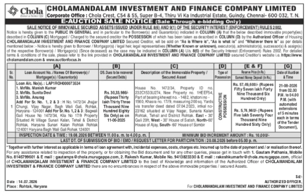 Cholamandalam Investment and Finance Company Limited E-Auction Sale Notice