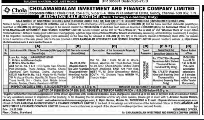 Cholamandalam Investment and Finance Company Limited E-Auction Sale Notice