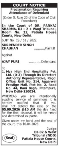Civil Suit Notice: Surrender Singh Chauhan v. Ajay Puri