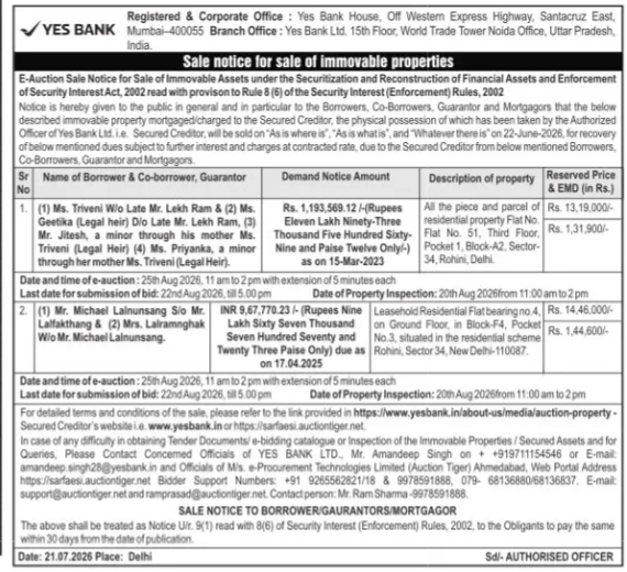 clear and direct title:YES BANK E-Auction Sale Notice for Immovable Properties (Delhi)