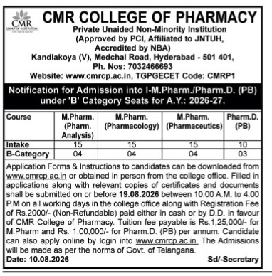 CMR College of Pharmacy Management Seats Admission Notification 2026–27