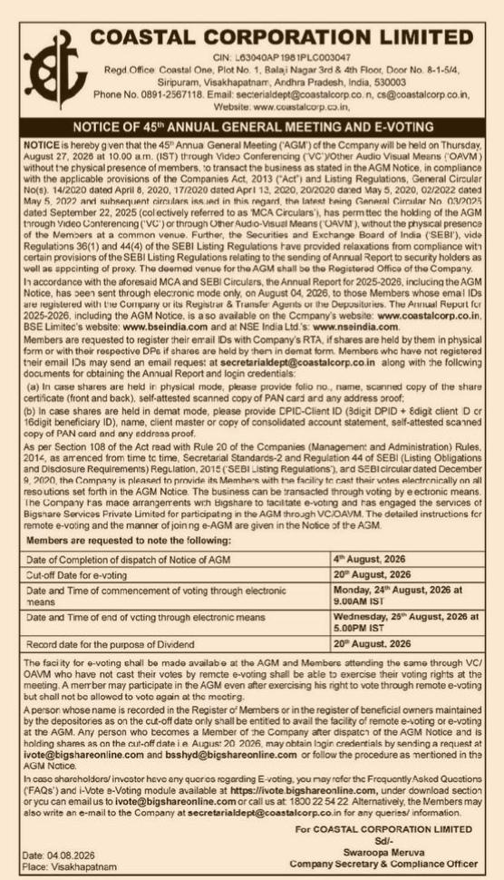Coastal Corp 45th AGM Notice
