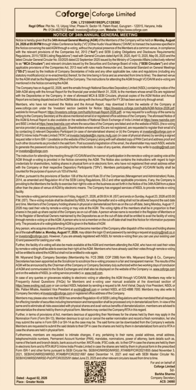 Coforge Limited Notice of 34th Annual General Meeting