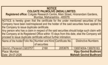 Colgate-Palmolive (India) Limited Notice for Lost Share Certificates