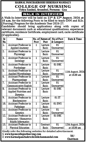 College of Nursing, Goa Walk-In Interview Notification (Academic Year 2026-27)