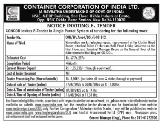 CONCOR Notice Inviting E-Tender for Renovation Works at ICD-DDL (Tender No. CON/EP/Area-I/DDL/E-101812)