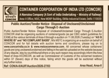 CONCOR Public E-Auction Notice for Uncleared Cargo