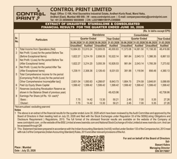 Control Print Limited Unaudited Financial Results for Q1 Ended June 30, 2026