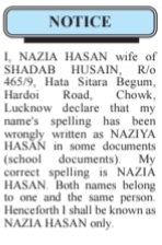 Correction of Name Spelling- Nazia Hasan