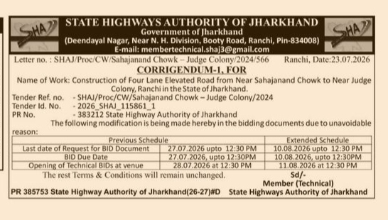 Corrigendum-1: Construction of Four Lane Elevated Road (Sahajanand Chowk to Judge Colony, Ranchi)