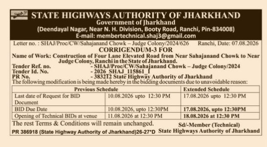 Corrigendum-3 for Construction of Four Lane Elevated Road in Ranchi