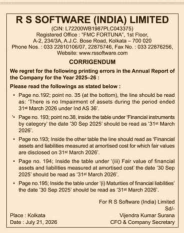 Corrigendum: Annual Report 2025–26 Printing Errors