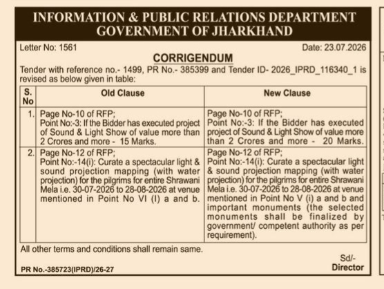 Corrigendum for Jharkhand Information & Public Relations Department Tender (Letter No: 1561)