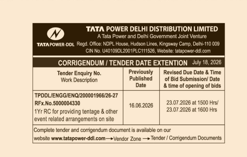 Corrigendum for TPDDL Tentage & Event Arrangements Tender