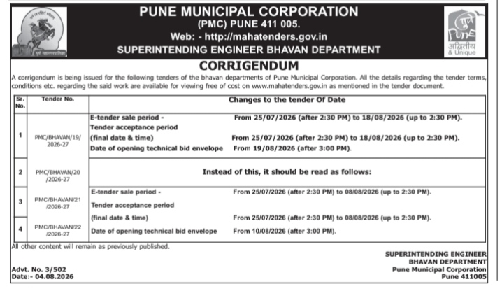 Corrigendum Notice for Bhavan Department Tenders (PMC)