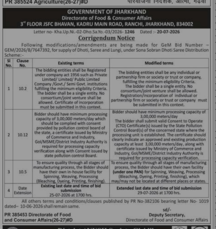 Corrigendum Notice for GeM Bid (Sona Sobran Dhoti Saree Distribution Scheme)
