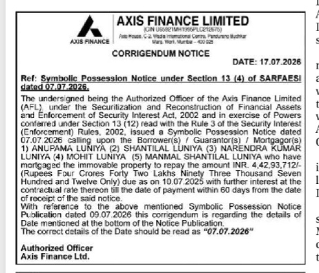 Corrigendum Notice for Symbolic Possession Notice – Axis Finance Limited