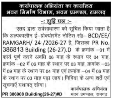 Corrigendum: Office of the Executive Engineer, Building Construction Department, Ramgarh