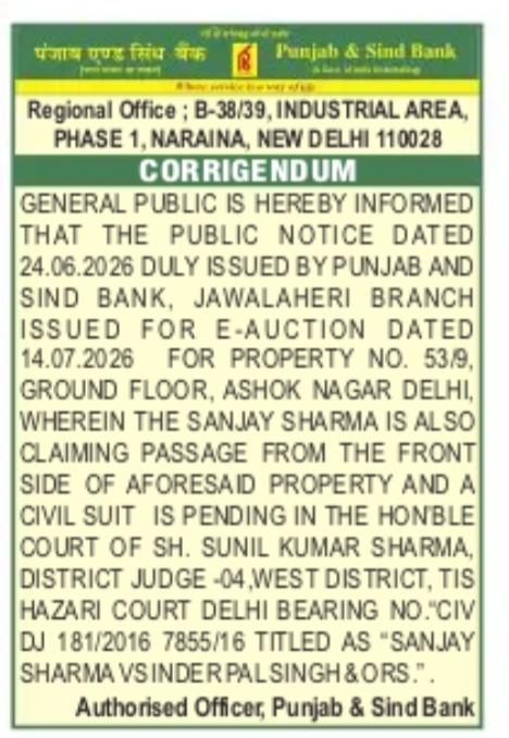 CORRIGENDUM - PUNJAB AND SIND BANK