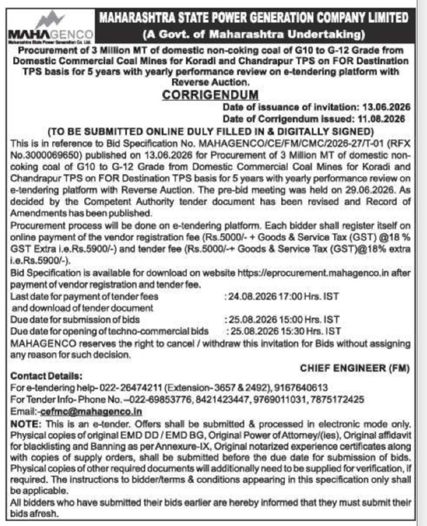 Corrigendum to MAHAGENCO Bid Specification No. MAHAGENCO/CE/FM/CMC/2026-27/T-01