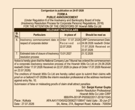 Corrigendum to Public Announcement: Howrah Mills Co Ltd CIRP