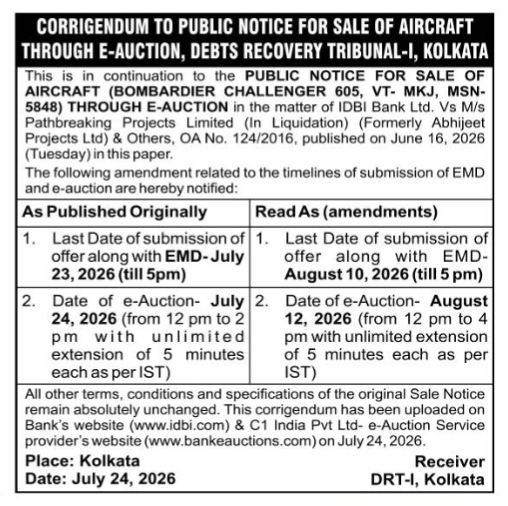 Corrigendum to Public Notice for E-Auction of Aircraft (DRT-I, Kolkata)