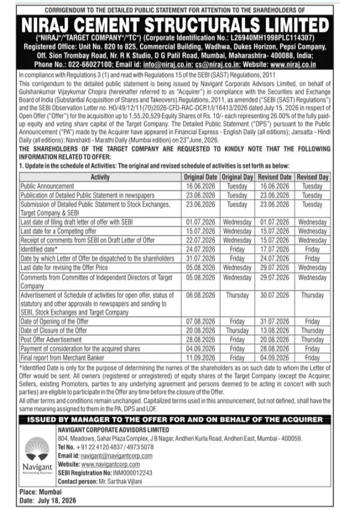 Corrigendum to the Detailed Public Statement for the Open Offer of Niraj Cement Structurals Limited