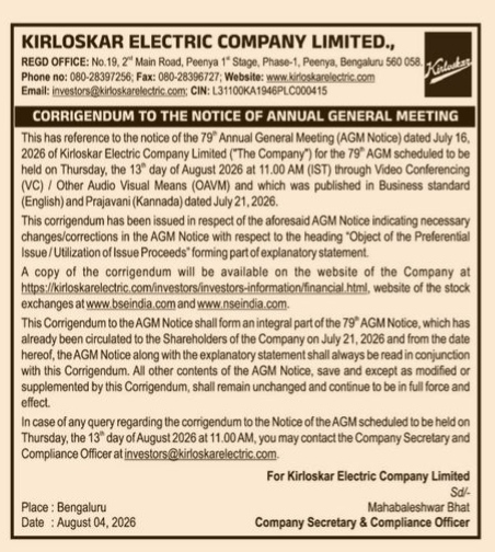 Corrigendum to the Notice of 79th Annual General Meeting of Kirloskar Electric Company Limited