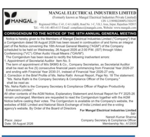 Corrigendum to the Notice of the 18th Annual General Meeting of Mangal Electrical Industries Limited