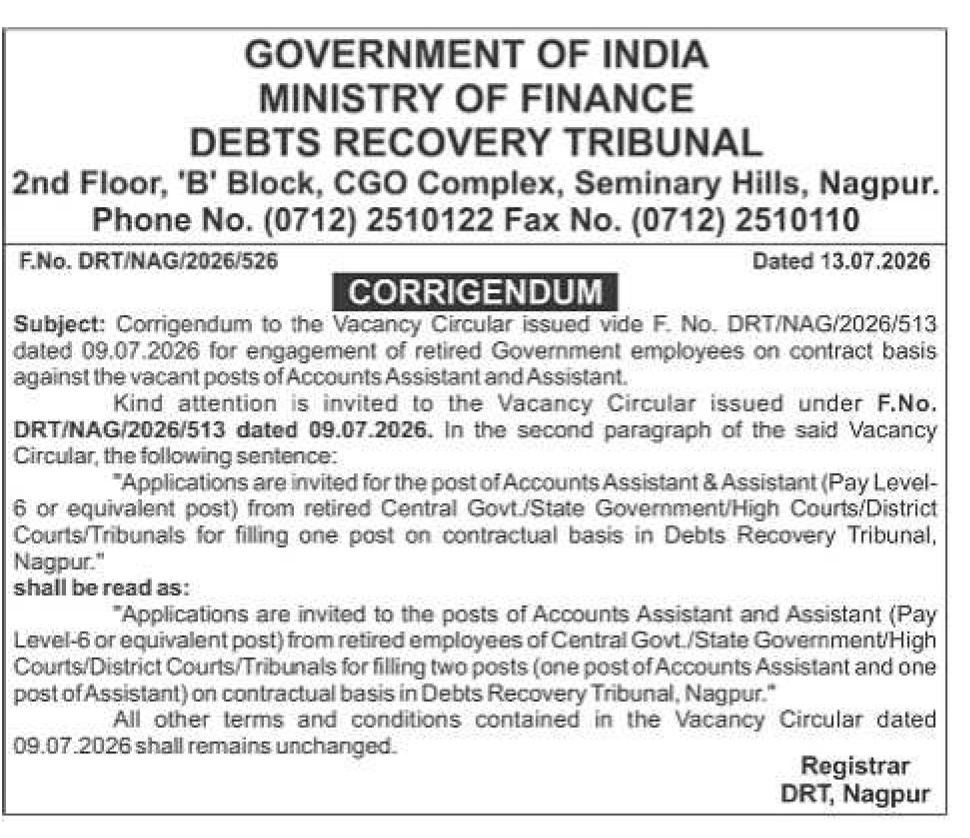 Corrigendum to Vacancy Circular for Contractual Posts at Debts Recovery Tribunal, Nagpur (July 2026)
