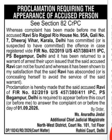 court advertisement publicizing a legal notice under Section 82 of the Code of Criminal Procedure (CrPC)