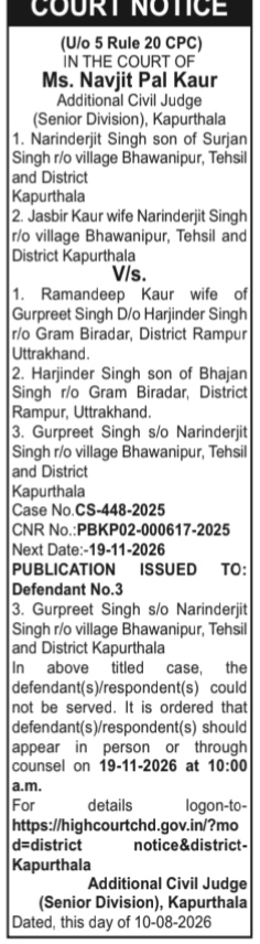 Court Notice: Case CS-448-2025 (Kapurthala District Court)