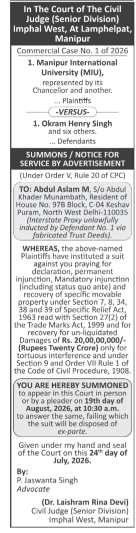 Court Notice: Commercial Case No. 1 of 2026 (Imphal West, Manipur)
