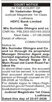 Court Notice: HDFC Bank Limited Vs M/s Surinder Dhingra and Co