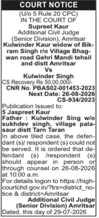 Court Notice: Kulwinder Kaur Vs Kulwinder Singh (Amritsar Court)