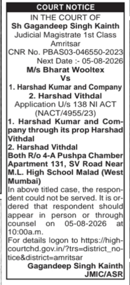 Court Notice: M/s Bharat Wooltex Vs Harshad Kumar and Company & Anr.